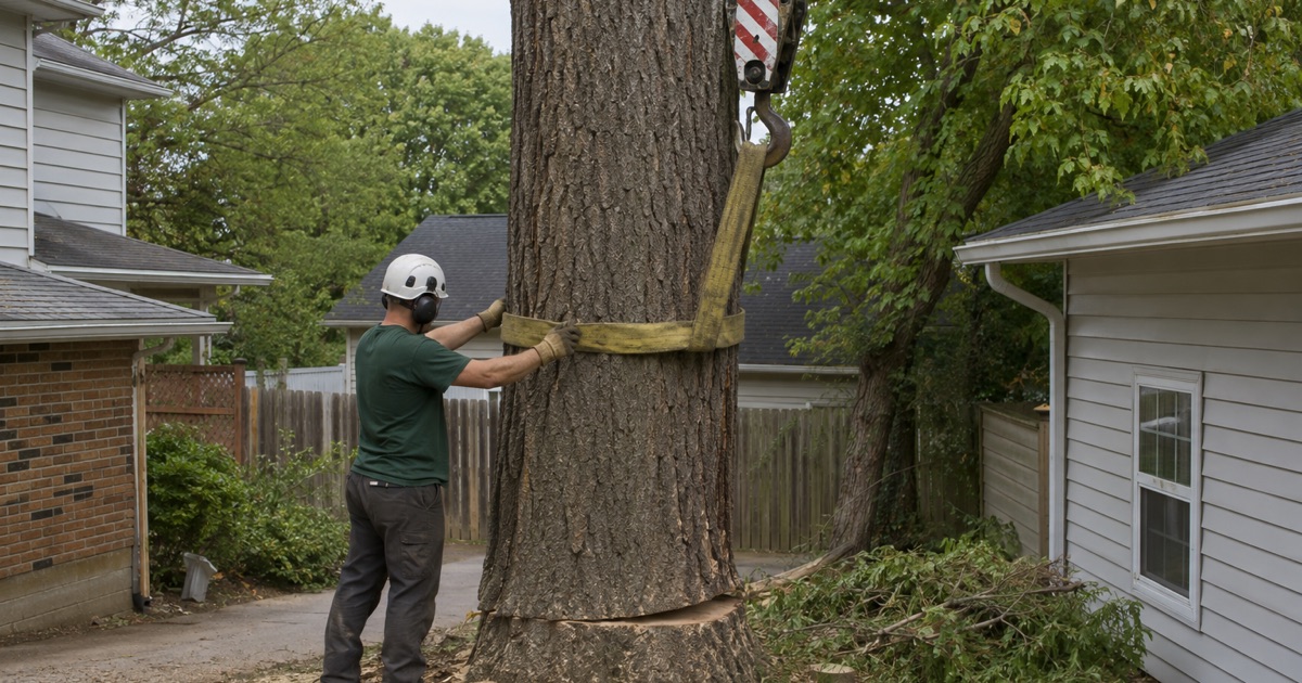 Worker setting a choker strap around a white oak section in a Glen Burnie yard with the crane hook block waiting above it.