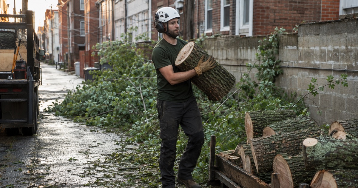 Worker carrying a cut log out of a Baltimore rowhouse alley after a summer storm, brick walls close on both sides.