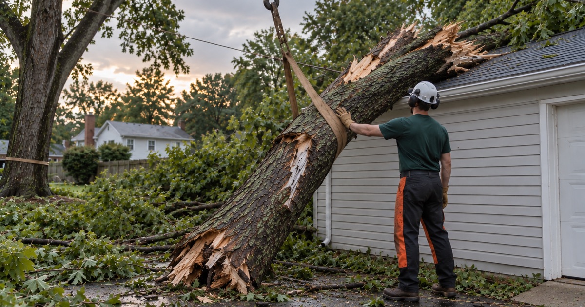 Worker steadying a split tulip poplar stem resting on a Glen Burnie garage roof after a summer thunderstorm, its torn face showing pale against the green canopy.
