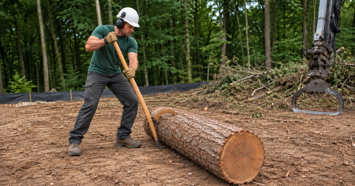 Worker rolling a cut black locust log toward a windrow with a cant hook on a cleared Glen Burnie lot.