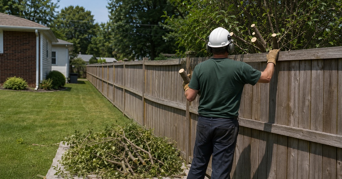 Worker holding a cut black cherry branch stub at the fence line between two Glen Burnie yards, the cut stopped square above the boards.