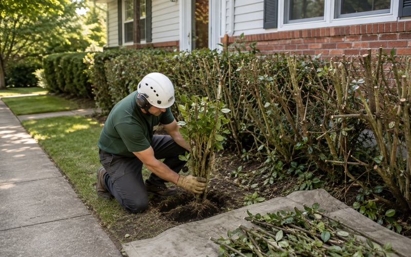 Worker pulling a cut American holly stem cluster out of a foundation bed at a Glen Burnie house, the top already taken off.