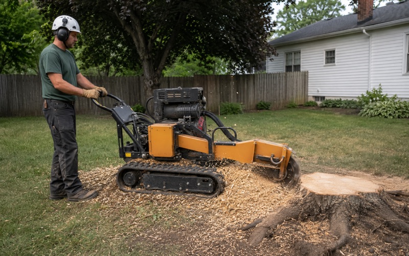 Operator sweeping a stump grinder across the face of a cut oak stump in a Glen Burnie back yard, chips thrown out across the grass.