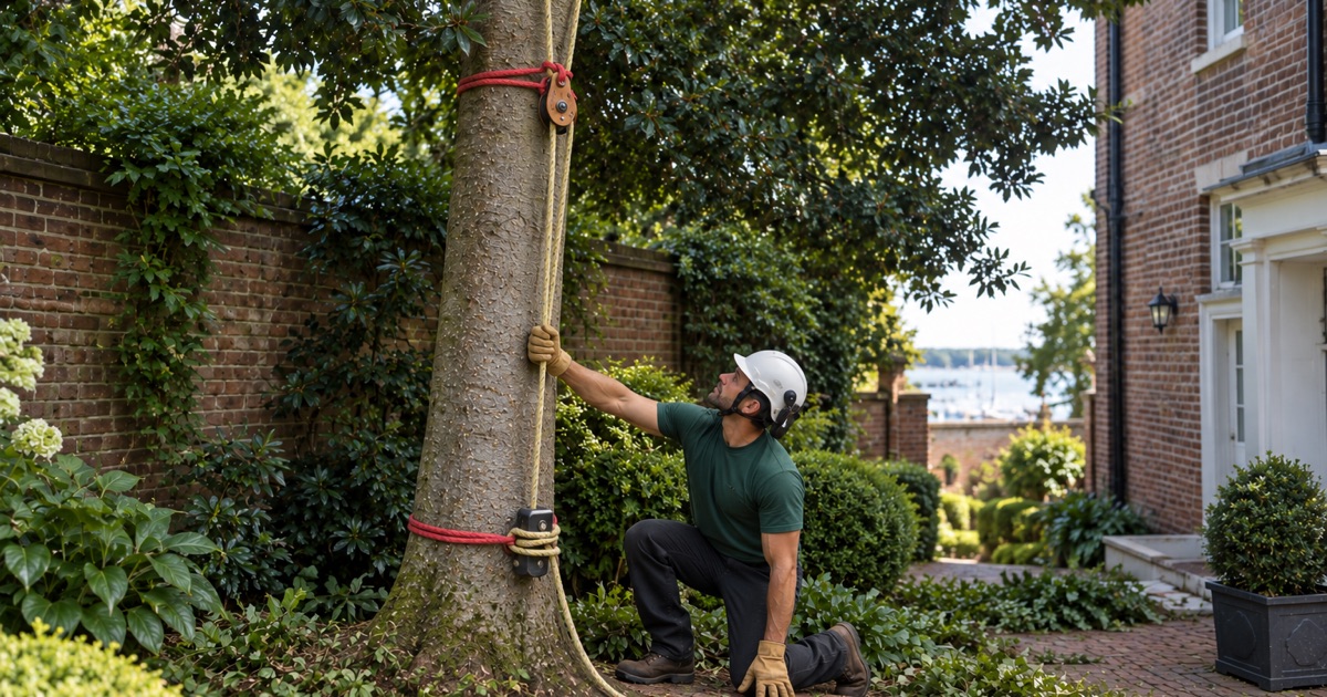 Worker at the base of a large American holly in an Annapolis historic district garden, the brick wall and old house behind.