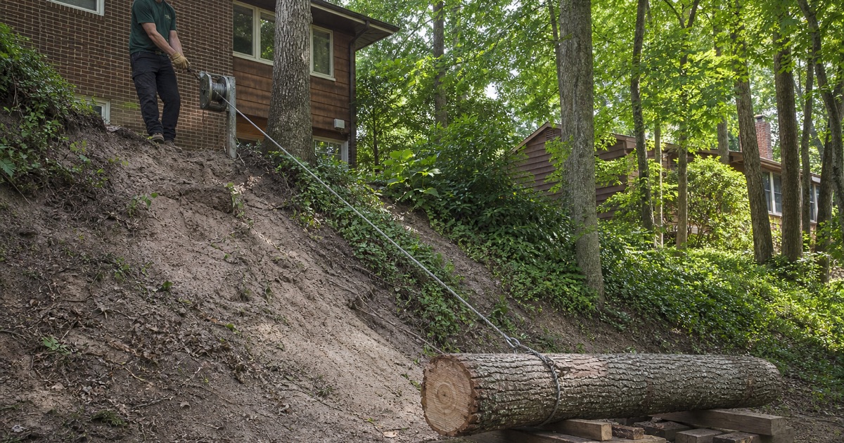 Worker on a steep wooded Arnold bank running a winch line to a felled white oak below the house.