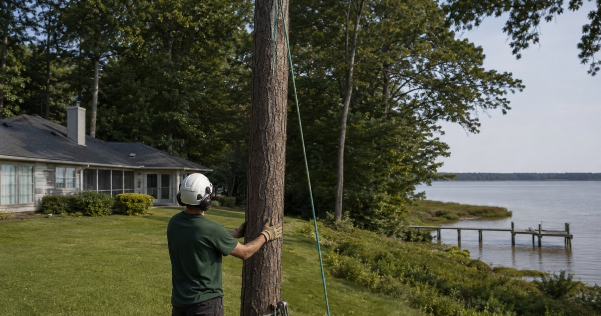 Worker rigging a loblolly pine at the buffer edge of a Cape St. Claire waterfront lot, the community shoreline behind him.