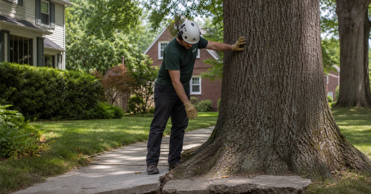 Worker at the base of a huge northern red oak on a Catonsville streetcar-suburb lawn, the trunk wider than his shoulders.