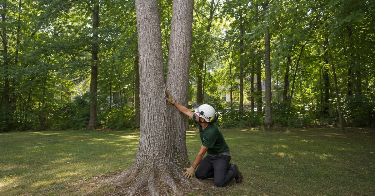 Worker measuring nothing, hand on a white oak leader at the boundary of a Columbia village lot where the open space begins.