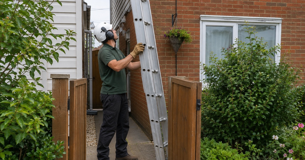Worker carrying a ladder through the side gate of a Crofton attached row to reach a white oak in the rear yard.