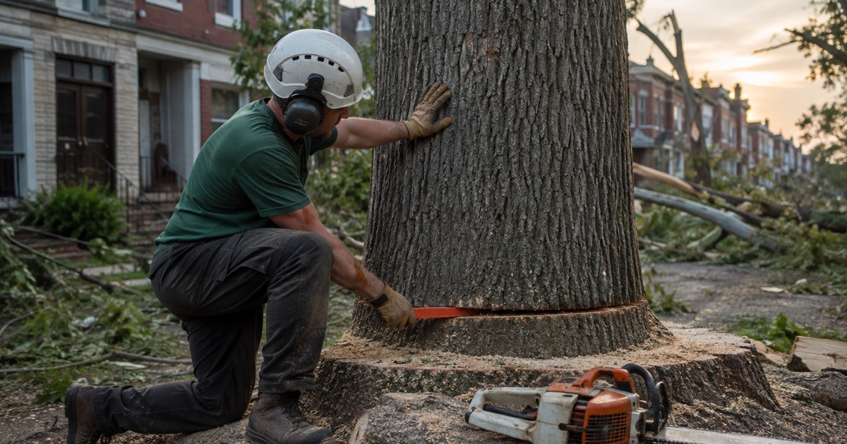 Worker setting a felling wedge in the back cut of a snapped white oak on a Dundalk rowhouse lawn along the tornado track.