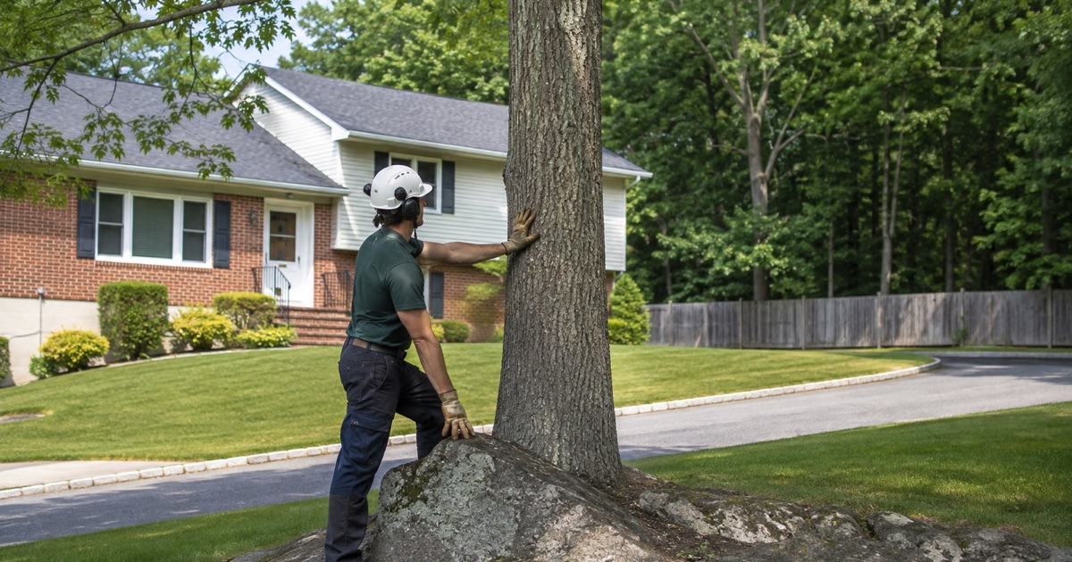 A subdivision-planted northern red oak in Elkridge, its roots turning sideways where the rock comes close to the surface.