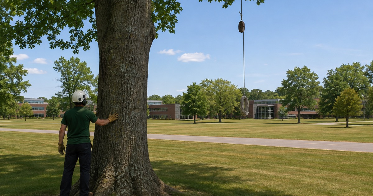Worker assessing a tulip poplar on mown institutional grounds in Jessup, with a service road behind.