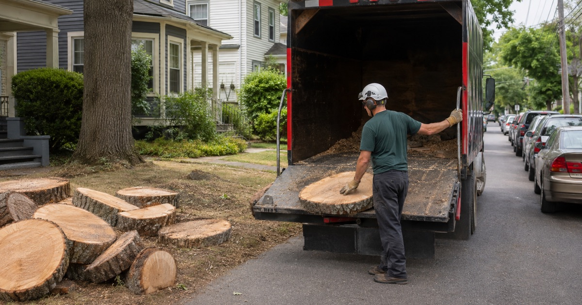 Worker loading black cherry rounds onto a truck parked in the street outside a narrow Maryland City lot.