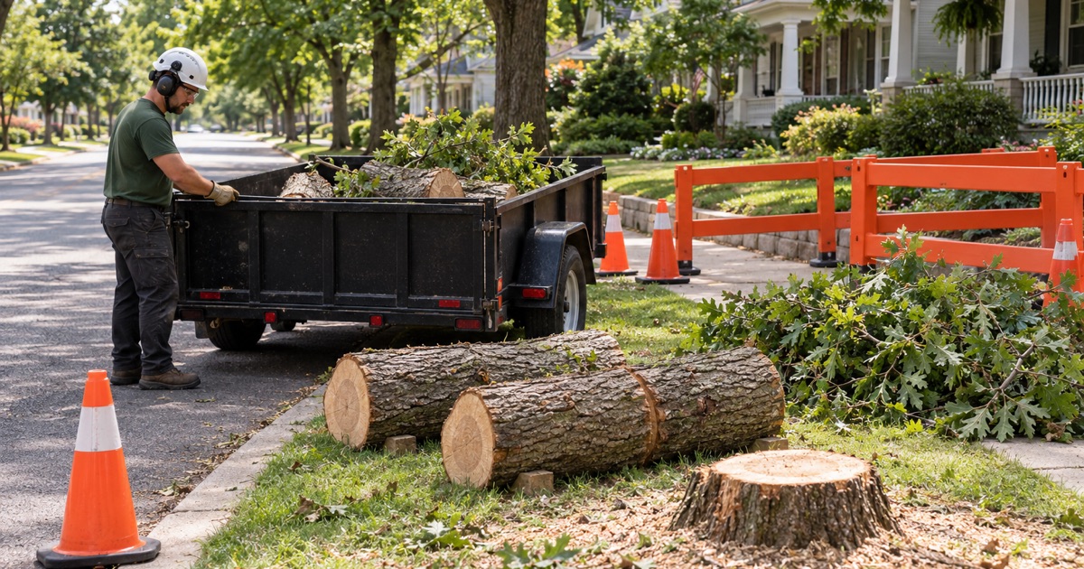 A white oak in the New Carrollton right-of-way being felled from the verge, the sidewalk protected below.
