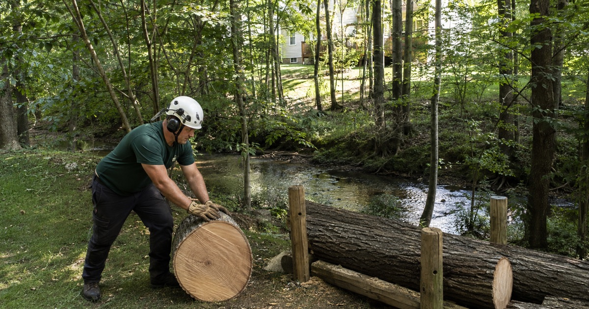 Worker rolling a cut sweetgum round back from a wooded Odenton streambank, the shaded creek running behind him.