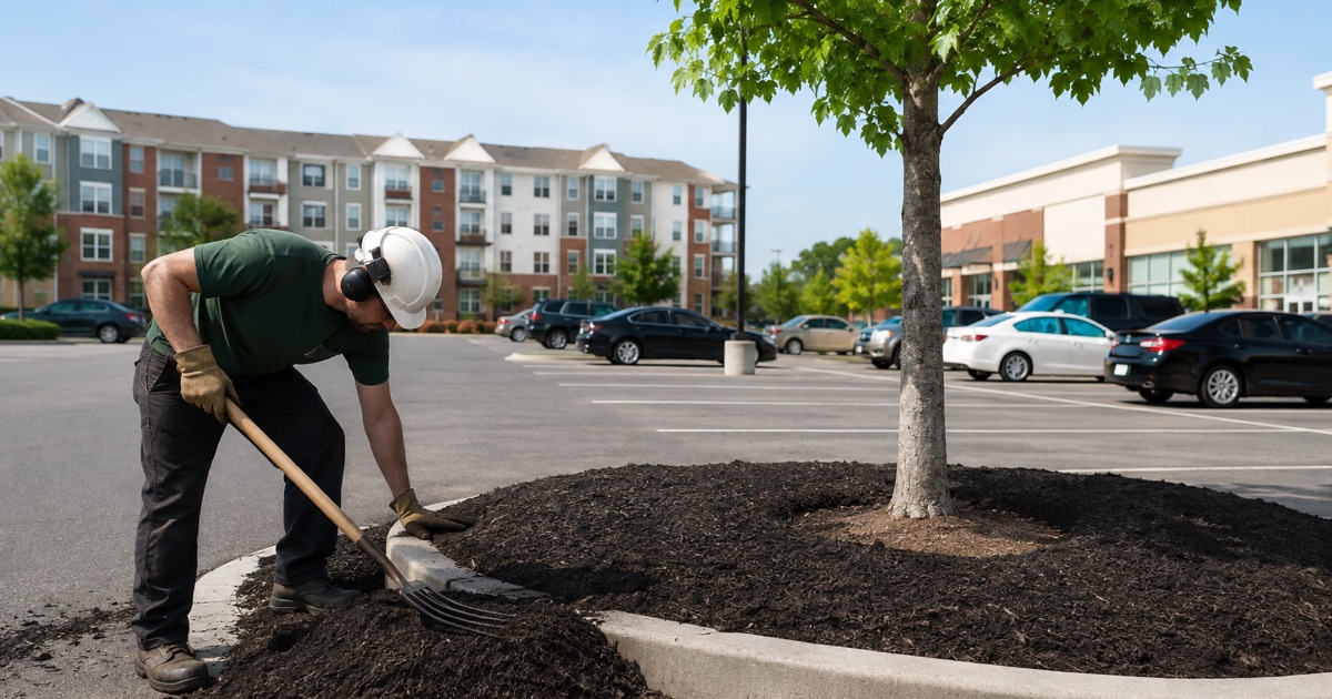 Worker spreading mulch around a young sweetgum in a Parole parking lot island beside a multifamily block.