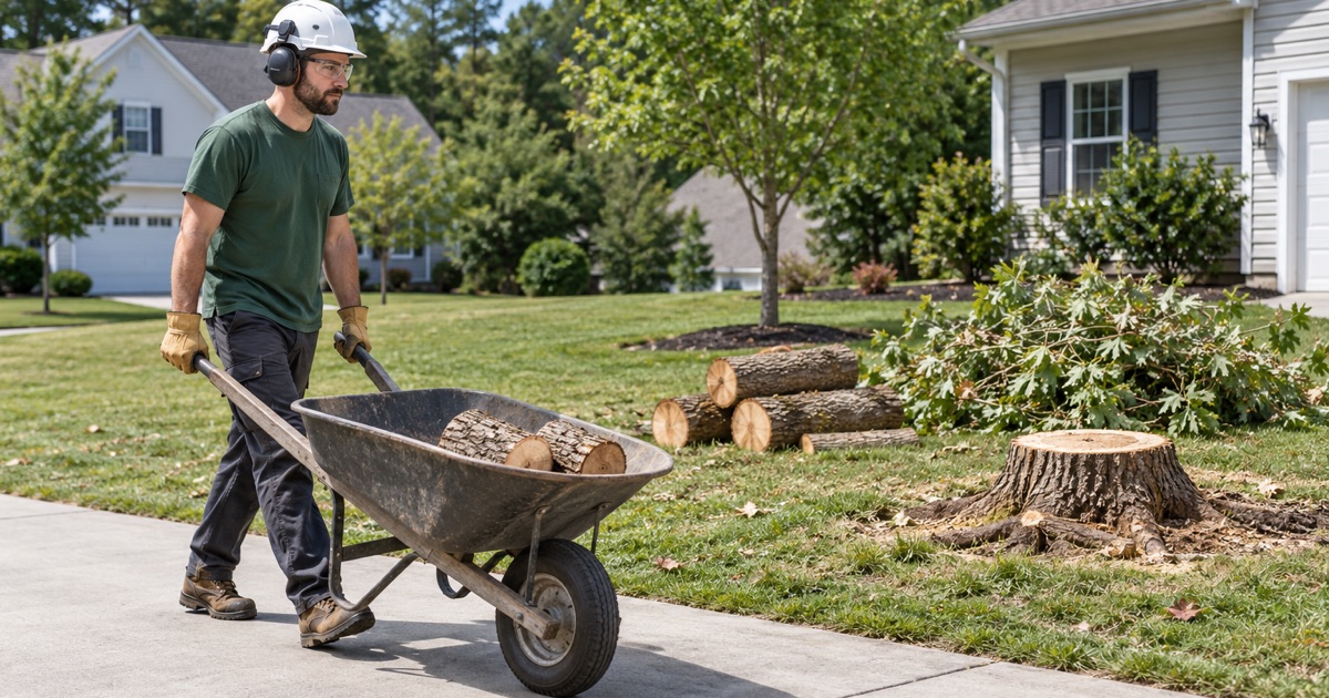 Worker steadying a leaning red maple stem on a 2010s Pasadena subdivision lawn, the young trunk failing at the graded soil line.