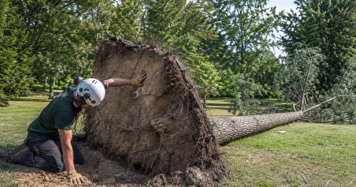 Worker at the lifted root plate of a windthrown loblolly pine on a Severn lawn, the shallow disc of sand standing on edge behind him.