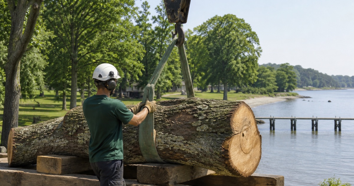 Worker dressing an anchor sling on a loblolly pine at the edge of a Severna Park community waterfront parcel, the shoreline commons behind him.