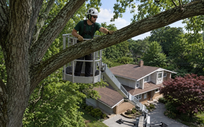 Worker raised in an aerial bucket beside the crown of a Glen Burnie white oak, one hand on the bucket rail as he reaches the outer limbs.