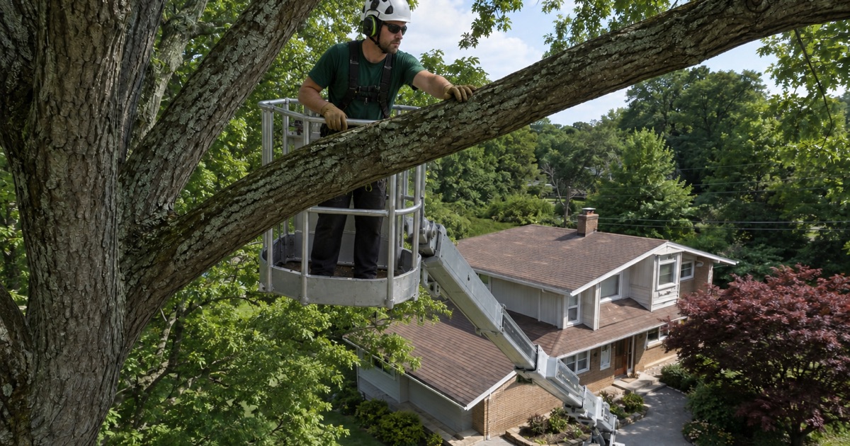 Worker raised in an aerial bucket beside the crown of a Glen Burnie white oak, one hand on the bucket rail as he reaches the outer limbs.